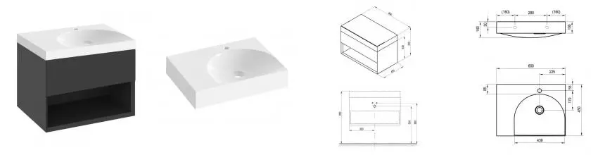 Тумба с раковиной «Ravak» SD Lite 60 (Lite 60/45 L левая) подвесная чёрная
