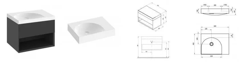Тумба с раковиной «Ravak» SD Lite 60 (Lite 60/45 R правая) подвесная чёрная