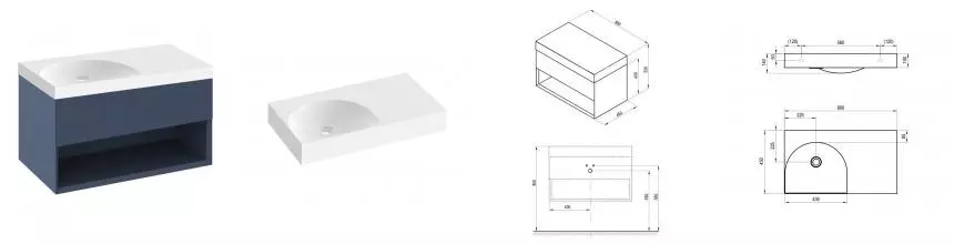 Тумба с раковиной «Ravak» SD Lite 80 (Lite 80/45 R правая) подвесная синяя