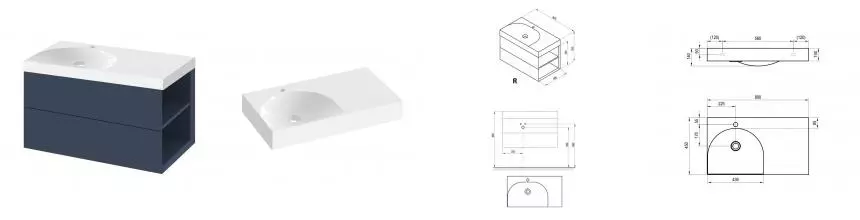 Тумба с раковиной «Ravak» SD Lite 80 R (Lite 80/45 R правая) подвесная синяя правая