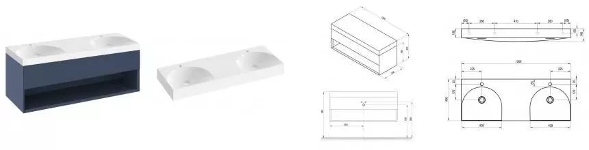 Тумба с раковиной «Ravak» SD Lite 120 (Lite 120/45 двойная) подвесная синяя