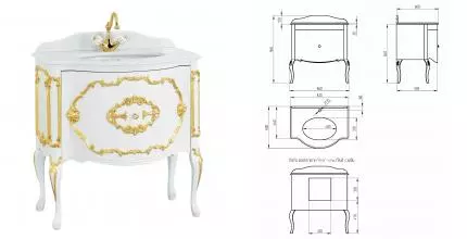 Тумба с раковиной из массива «Migliore» Amelia 80 (58/38 azz) Laccato Bianco Bril с декором Foglia Oro столешница Amelia 80 Bianco Cristallino