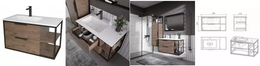 Тумба с раковиной «Grossman» Лофт 90 (Модуль 90) подвесная веллингтон/металл чёрный