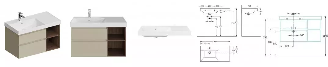 Тумба с раковиной «Kerama Marazzi» Cubo 90 (Cubo 90/48) подвесная лимо матовая/структурированный орех левая