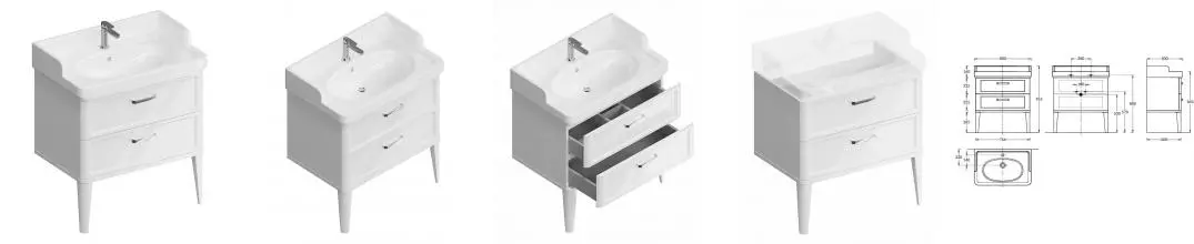 Тумба с раковиной «Kerama Marazzi» Pompei 80 с 2 ящиками (Pompei 80) белая глянцевая