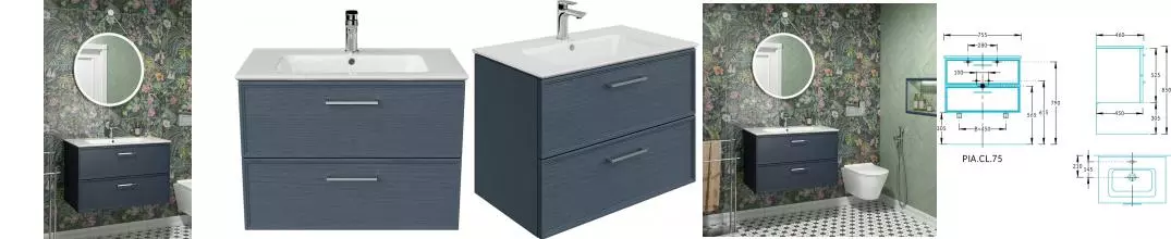 Мебель для ванной подвесная «Kerama Marazzi» Piano Classic 75 ясень синий матовый