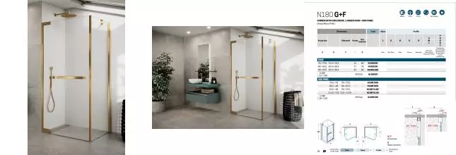 Душевой угол-ограждение «Novellini» N180 N180G90-1P+N180FG90-1P crystal clear/brushed gold без поддона универсальный