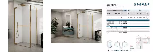 Душевой угол-ограждение «Novellini» N180 N180G100-1P+N180FG100-1P crystal clear/brushed gold без поддона универсальный Душевой угол-ограждение «Novellini» N180 N180G100-1P+N180FG100-1P crystal clear/brushed gold без поддона универсальный