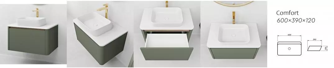 Тумба с раковиной «Ukko» Sanrey 100 со столешницей (Comfort 2243-B 60/39) подвесная оливковая