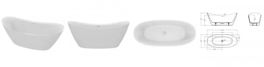 Ванна акриловая «AQUAme» AQM3504MW 168/73 с ножками с сифоном белая матовая