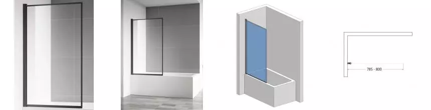 Шторка на ванну стеклянная «AQUAme» 90/140 прозрачная/чёрный матовый левая