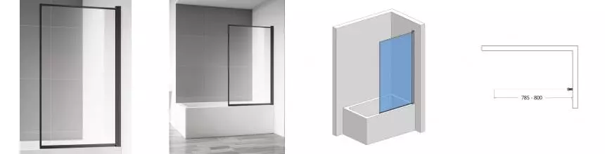 Шторка на ванну стеклянная «AQUAme» 90/140 прозрачная/чёрный матовый правая