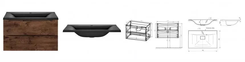 Тумба с раковиной «Vincea» Mia 75 (75/45 черная) подвесная R.Wood