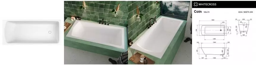Ванна из искусственного камня «Whitecross» Coin 180/70 с ножками с сифоном белая матовая