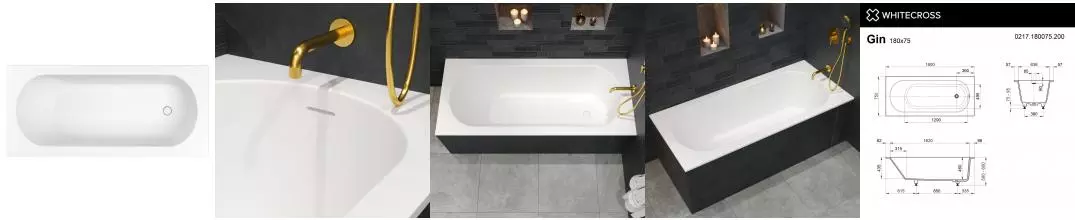 Ванна из искусственного камня «Whitecross» Gin 180/75 с ножками с сифоном белая матовая