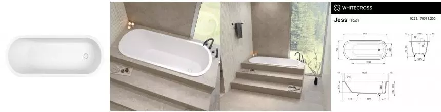 Ванна из искусственного камня «Whitecross» Jess 170/71 с ножками с сифоном белая матовая Ванна из искусственного камня «Whitecross» Jess 170/71 с ножками с сифоном белая матовая