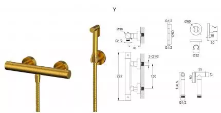 Смеситель с гигиеническим душем «Whitecross» Y SYSYBI3GLB с термостатом брашированное золото
