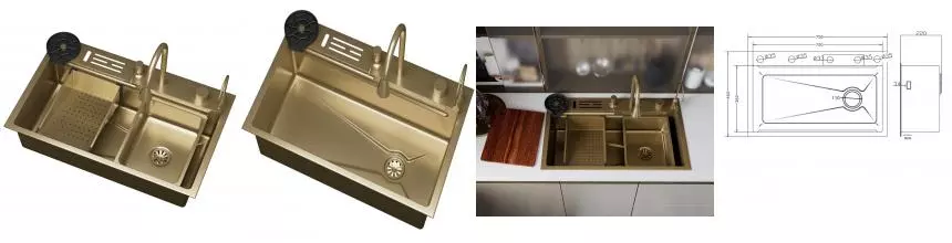 Мойка для кухни «D&K» DKS754607 75/46 в комплекте со смесителем и аксессуарами нержавеющая сталь матовое золото Мойка для кухни «D&K» DKS754607 75/46 в комплекте со смесителем и аксессуарами нержавеющая сталь матовое золото