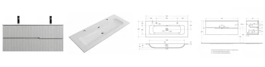Тумба с раковиной «Cezares» Duet-n 120 (CZR-8073-120-1-2 с двумя отверстиями под смеситель) подвесная серая жемчужная