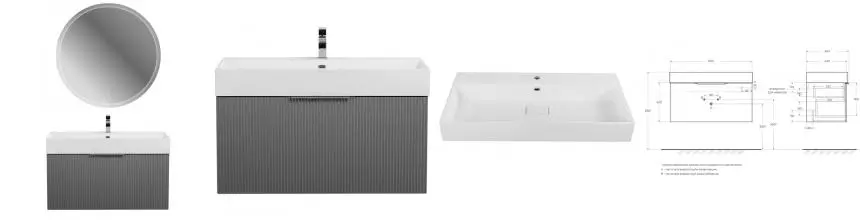 Мебель для ванной подвесная «Cezares» Premium Plisse 90 с 2 ящиками (1 скрытый) Grigio nuvola