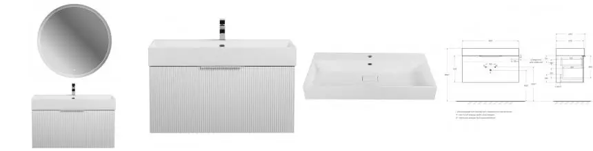 Мебель для ванной подвесная «Cezares» Premium Plisse 90 с 2 ящиками (1 скрытый) Bianco opaco