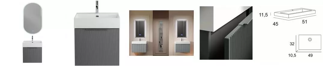 Мебель для ванной подвесная «Cezares» Premium Plisse 50 с 2 ящиками (1 скрытый) Grigio nuvola