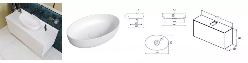 Тумба с раковиной и столешницей «Kupala» Karelia 120 (Ladia 53/36) подвесная белая матовая
