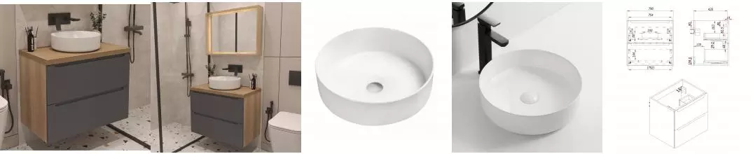 Тумба с раковиной «ZOV» Дион 80 (9514A 30) подвесная графит матовая/дуб столешница туя Тумба с раковиной «ZOV» Дион 80 (9514A 30) подвесная графит матовая/дуб столешница туя