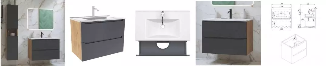 Мебель для ванной подвесная «ZOV» Дион 80 графит матовая/дуб