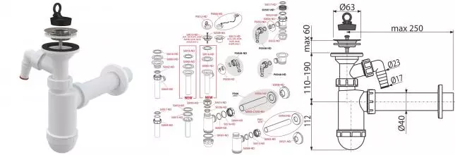 Сифон для раковины «AlcaPlast» A41P хром/белый