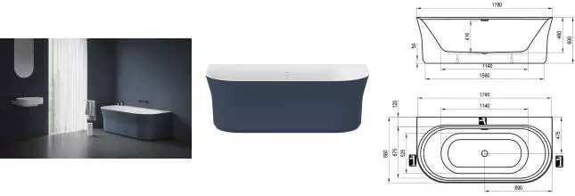 Ванна YPSILON W пристенная 1780x860 СИНЯЯ (слив-перелив - БЕЛЫЙ) XC00100070 · Ravak, XC00100070